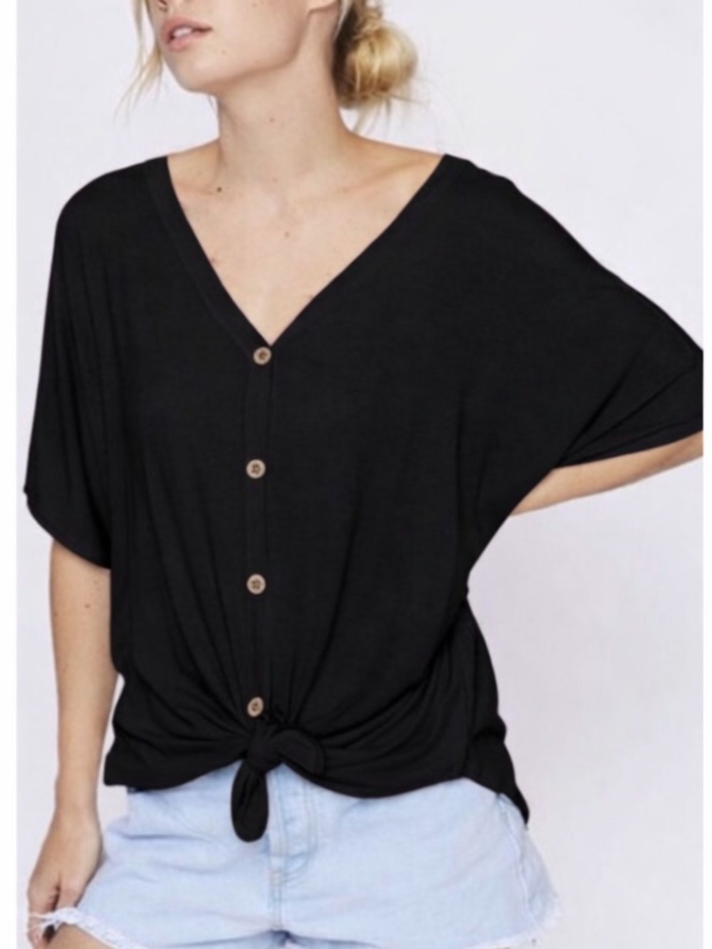 Fantastic Fawn NWT Black Button Down Cardi Tie Front V-neck Short Sleeve Top L